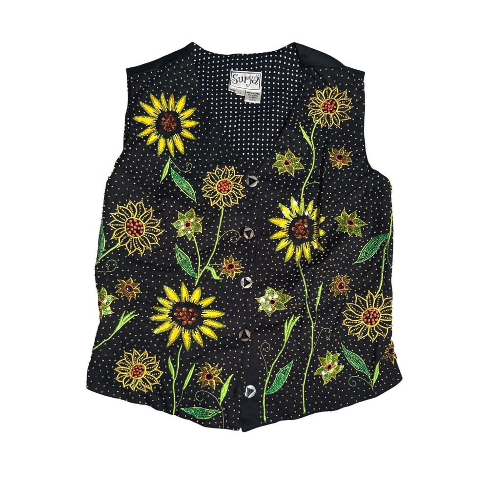Surya Vintage Sunflower Embroidered Beaded Sequin Vest Black Womens Large L